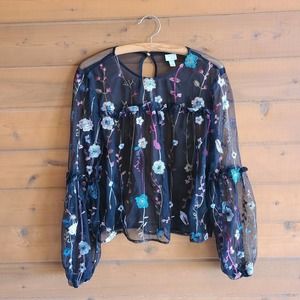 A New Day Black Mesh Embroidered Floral Long Sleeve Large Boho Y2K Top Blouse